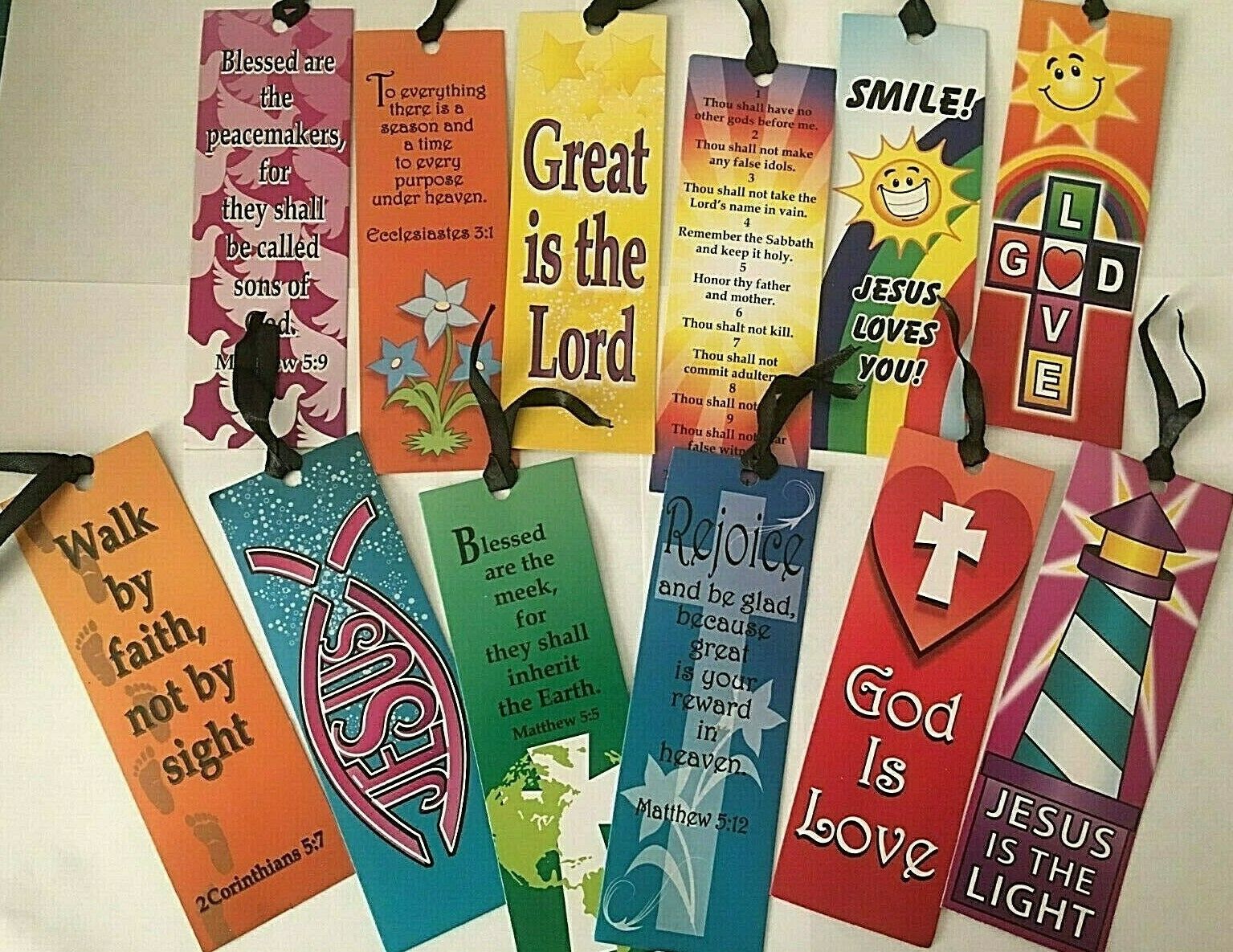 Lot 12 Asst Bookmarks,satin Ribbon, Great Is The Lord Jesus Bible Christian Love